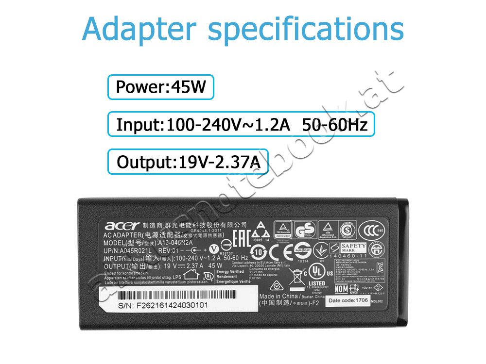 45W Acer Aspire 3 A315-23-R252(NX.A0VAA.003) Netzteil Ladegerät