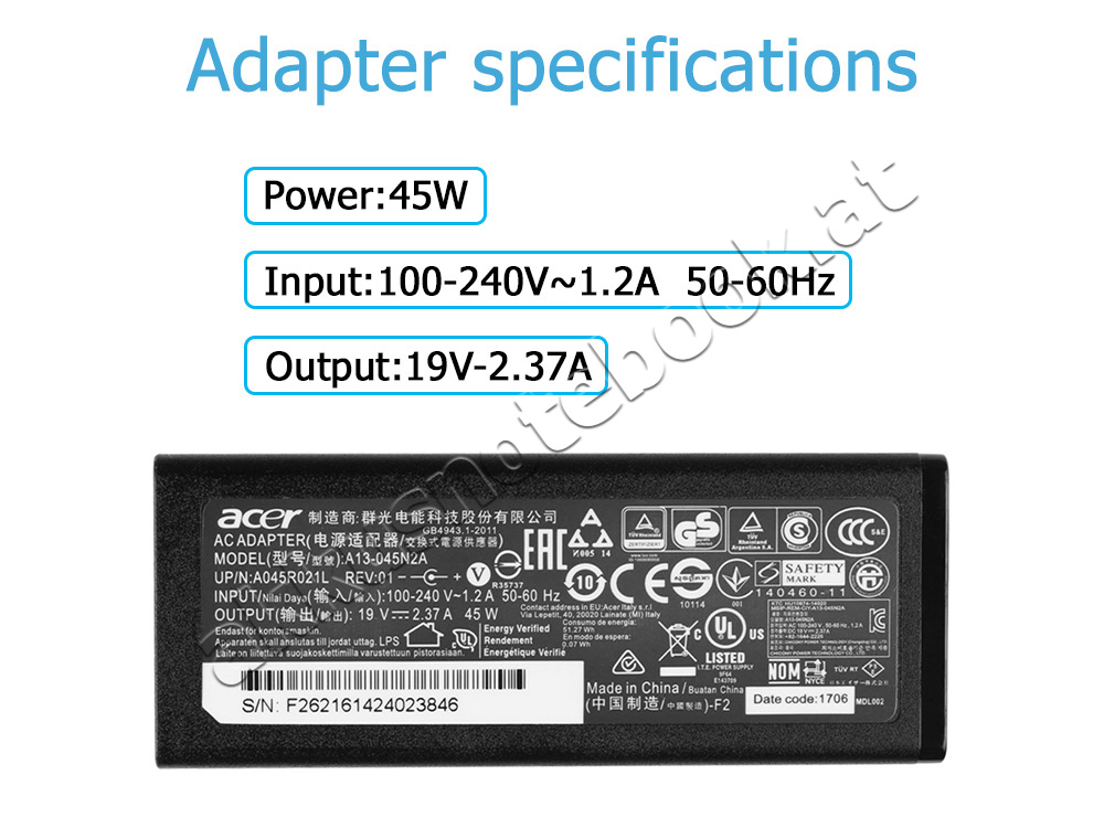 45w Acer TravelMate P2510-M-55SC Netzteil Ladegerät