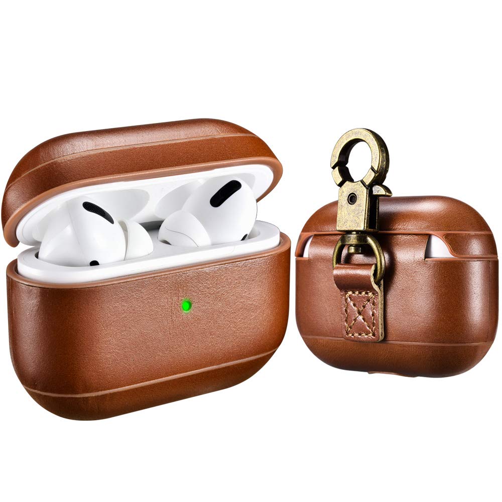 Tragbare stoßfeste Schutzhülle aus Echt Leder mit Riemen für Apple AirPods Pro Case 2019 A2190 Unterstützt Kabelloses Laden mit Karabiner Braun