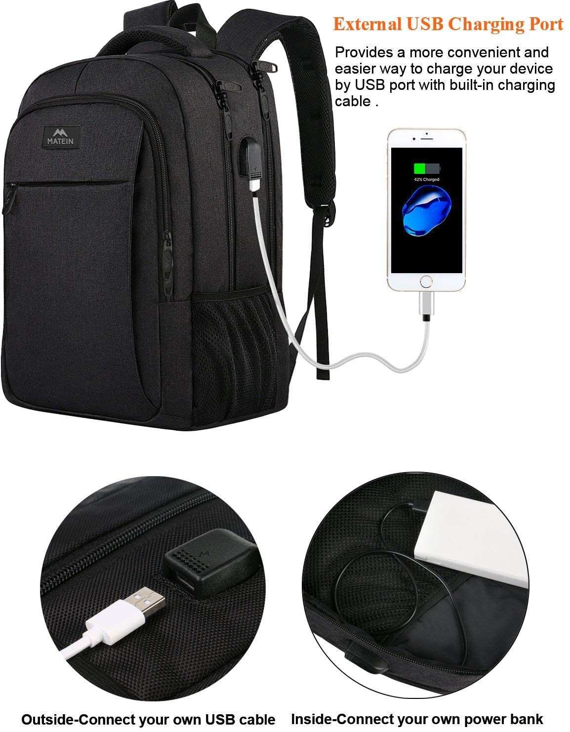 15.6 Zoll Laptop-Rucksack Anti-Diebstahl-Geschäftsreise-Arbeits-Computer-Rucksack mit USB-Ladeanschluss Schwarz