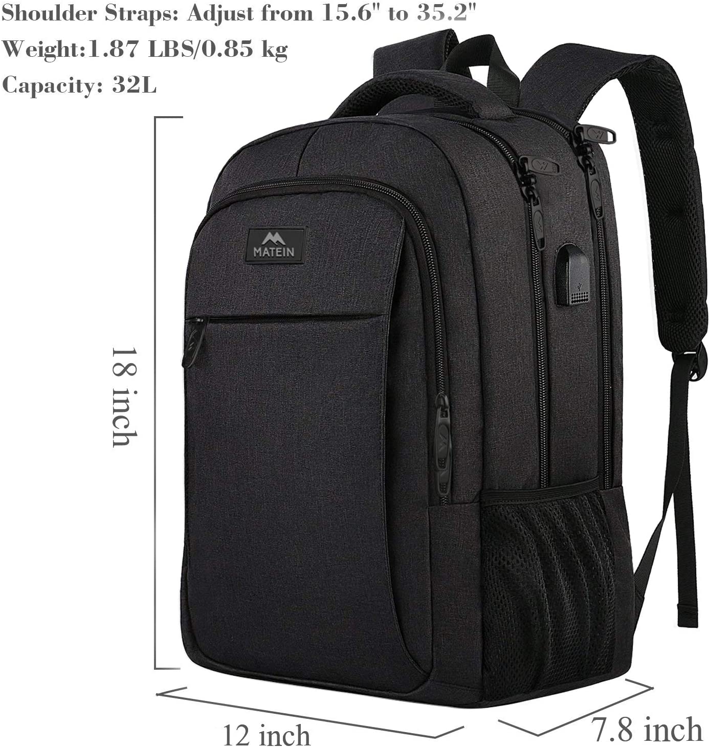 15.6 Zoll Laptop-Rucksack Anti-Diebstahl-Geschäftsreise-Arbeits-Computer-Rucksack mit USB-Ladeanschluss Schwarz