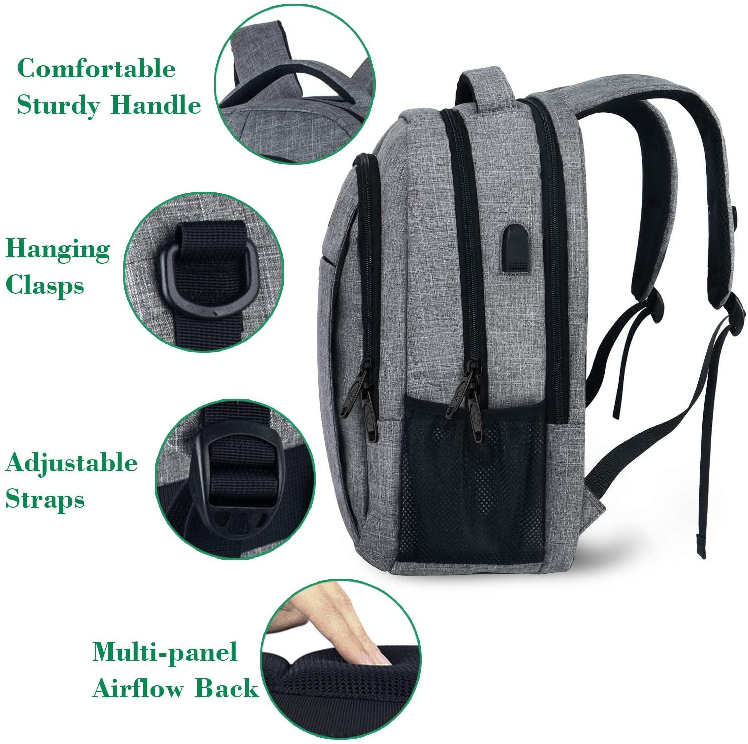 15.6 Zoll Laptop-Rucksack Anti-Diebstahl-Geschäftsreise-Arbeits-Computer-Rucksack mit USB-Ladeanschluss Grau