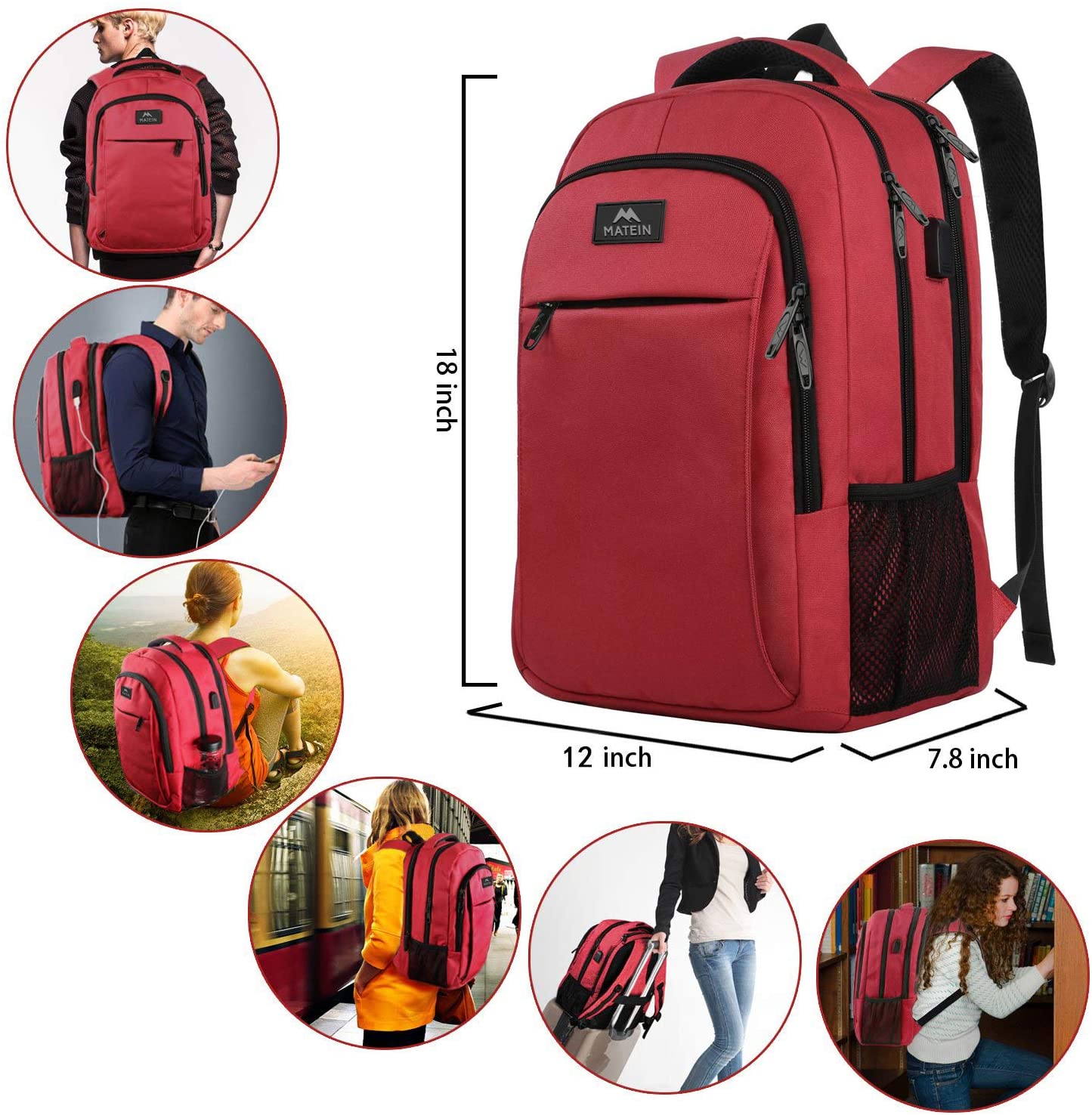 15.6 Zoll Laptop-Rucksack Anti-Diebstahl-Geschäftsreise-Arbeits-Computer-Rucksack mit USB-Ladeanschluss Rot