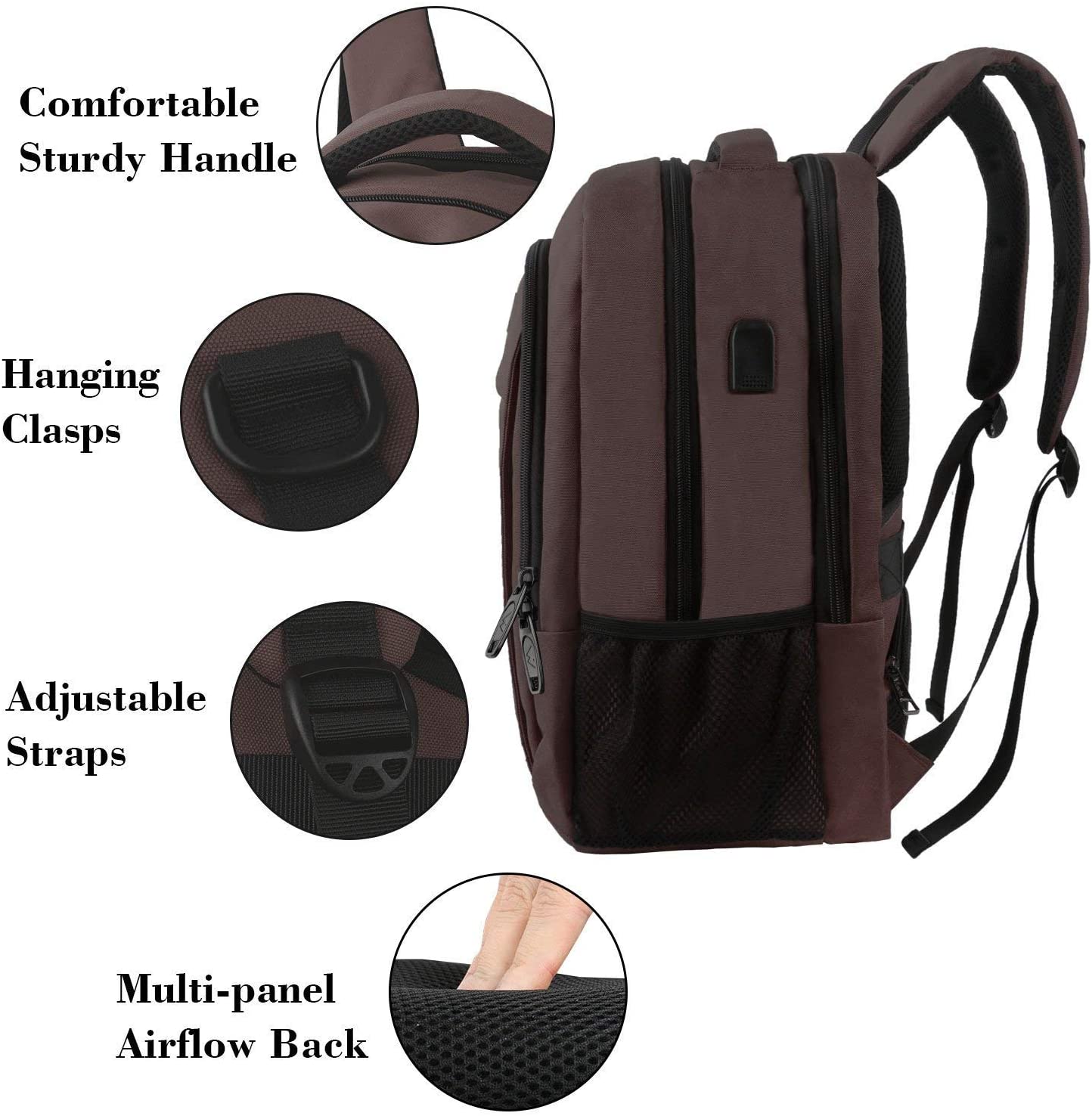 15.6 Zoll Laptop-Rucksack Anti-Diebstahl-Geschäftsreise-Arbeits-Computer-Rucksack mit USB-Ladeanschluss Braun