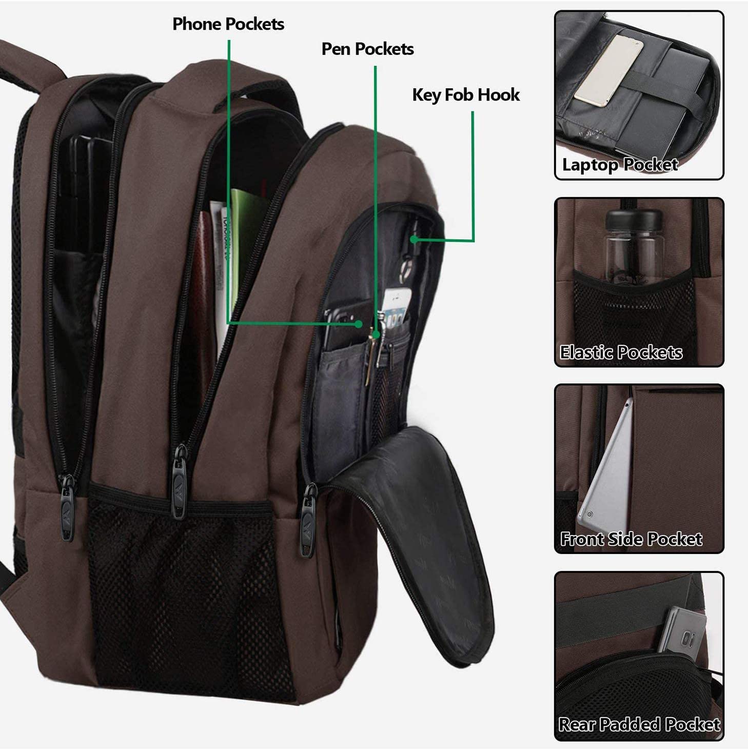 15.6 Zoll Laptop-Rucksack Anti-Diebstahl-Geschäftsreise-Arbeits-Computer-Rucksack mit USB-Ladeanschluss Braun