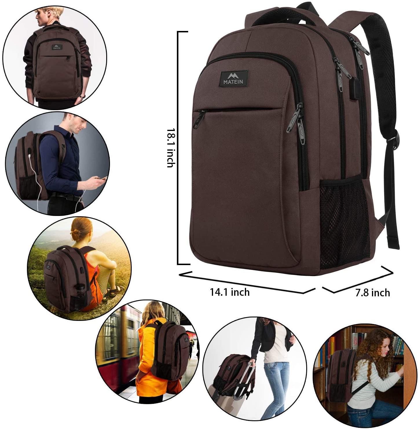 15.6 Zoll Laptop-Rucksack Anti-Diebstahl-Geschäftsreise-Arbeits-Computer-Rucksack mit USB-Ladeanschluss Braun