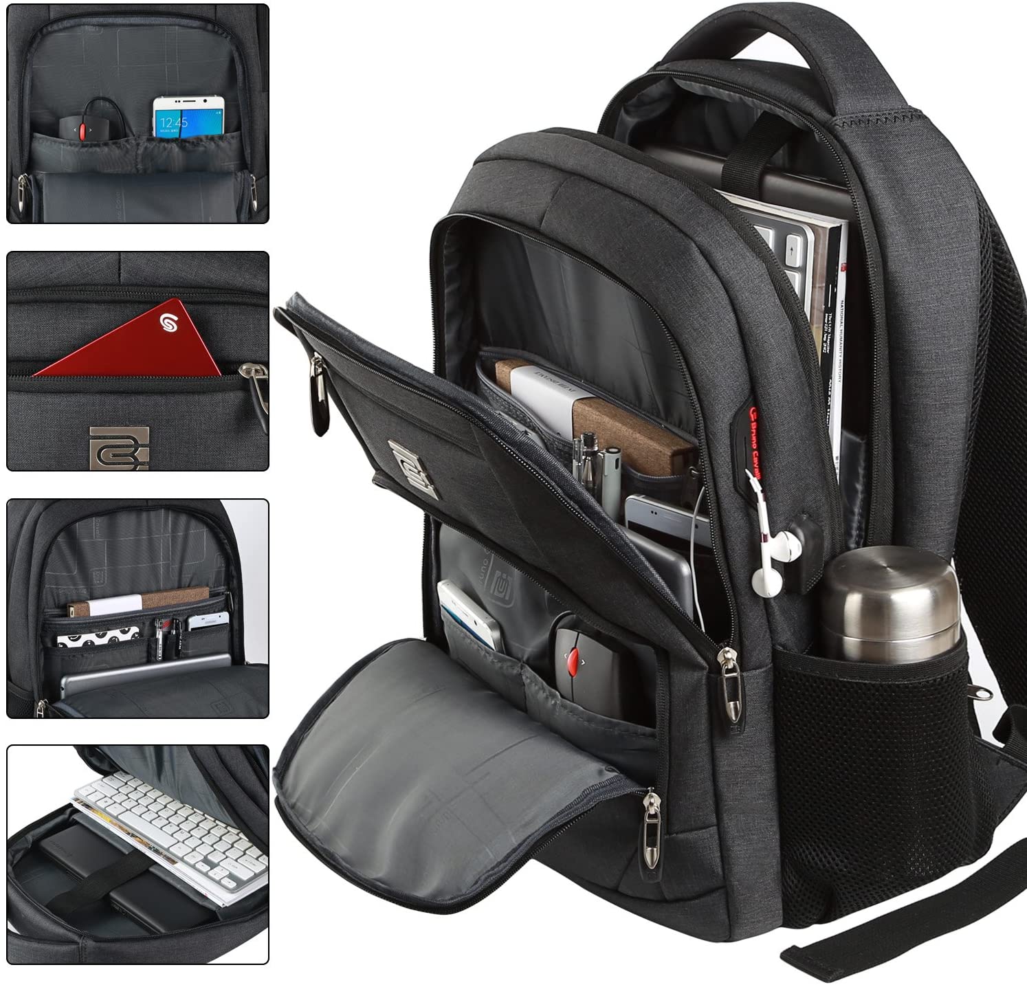 Bruno Cavalli 15.6 Zoll wasserdichter Reisecomputer Schultasche Large Business diebstahlsicherer robuster Laptop-Rucksack mit USB-Ladeanschluss für HP Compaq 15.4 Zoll Laptop Schwarz