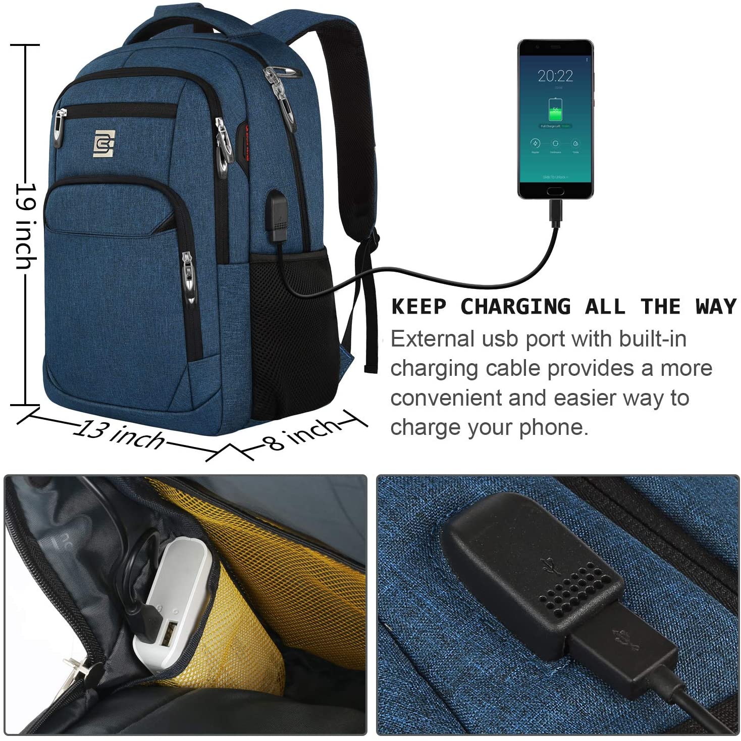 Bruno Cavalli 15.6 Zoll wasserdichter Reisecomputer Schultasche Large Business diebstahlsicherer robuster Laptop-Rucksack mit USB-Ladeanschluss für HP Pavilion 15.6 Zoll Laptop Blau