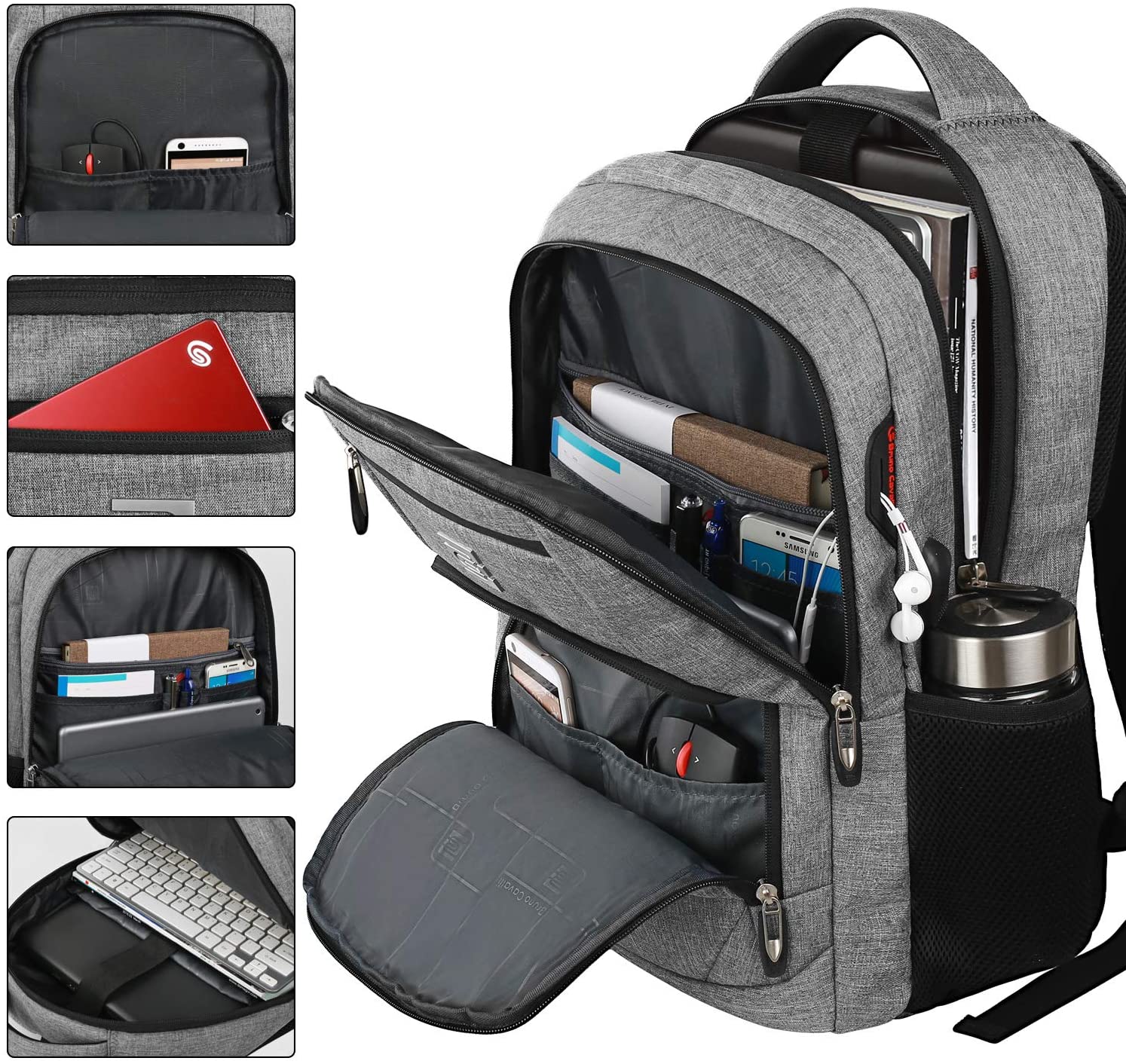 Bruno Cavalli 15,6 Zoll wasserdichter Reisecomputer Schultasche Large Business diebstahlsicherer robuster Laptop-Rucksack mit USB-Ladeanschluss für HP Compaq 13 14 15 Laptop Grau