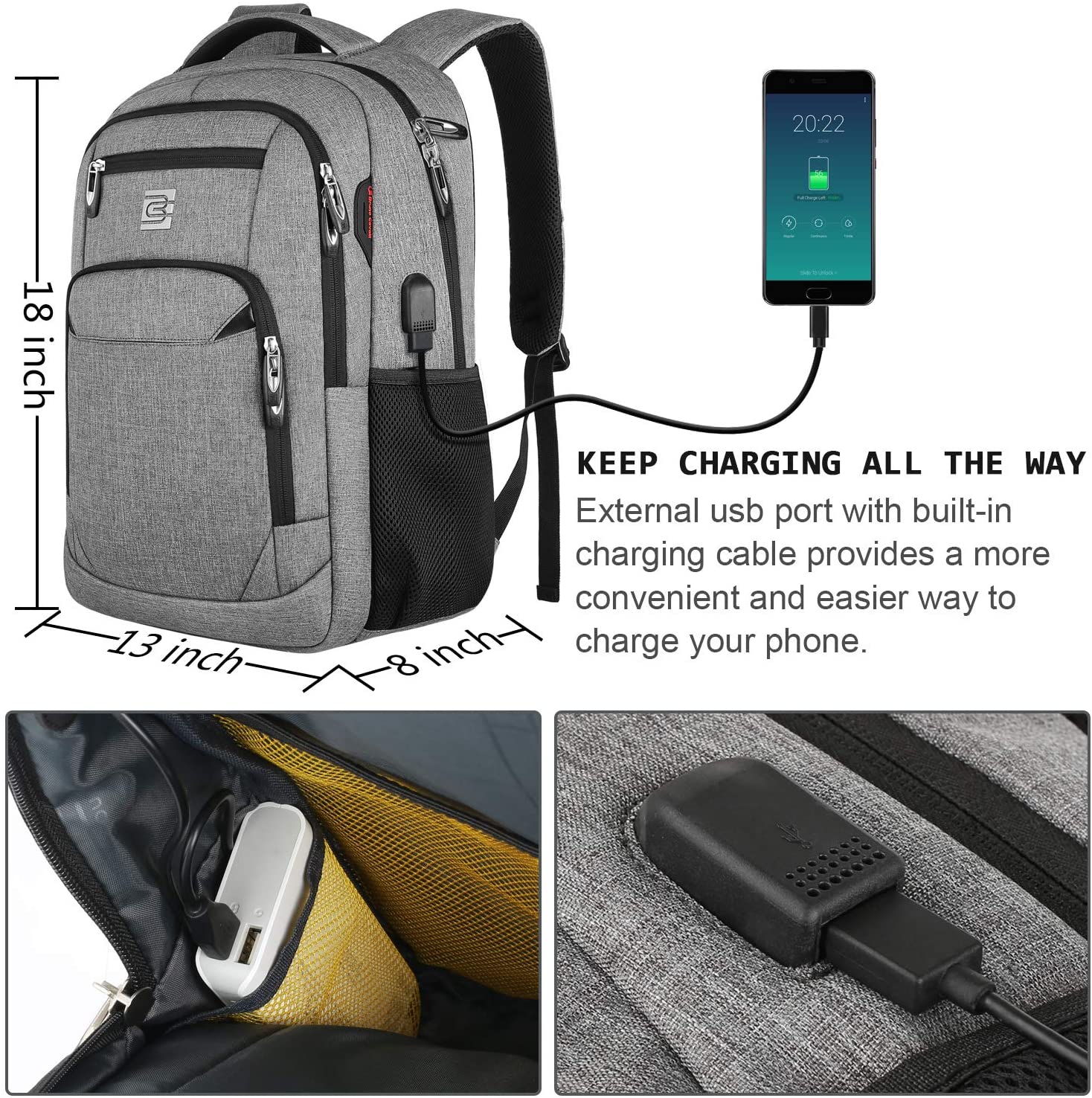 Bruno Cavalli 15,6 Zoll wasserdichter Reisecomputer Schultasche Large Business diebstahlsicherer robuster Laptop-Rucksack mit USB-Ladeanschluss für Asus ROG 11,6 Zoll Laptop Grau