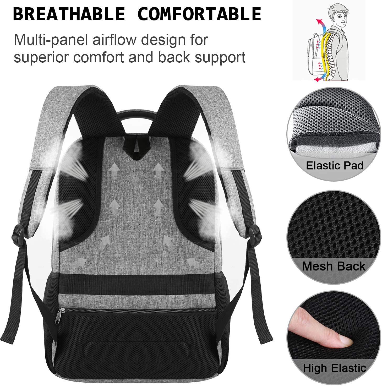 Bruno Cavalli 15,6 Zoll wasserdichter Reisecomputer Schultasche Large Business diebstahlsicherer robuster Laptop-Rucksack mit USB-Ladeanschluss für Asus ZenBook 15,6 Zoll Laptop Grau