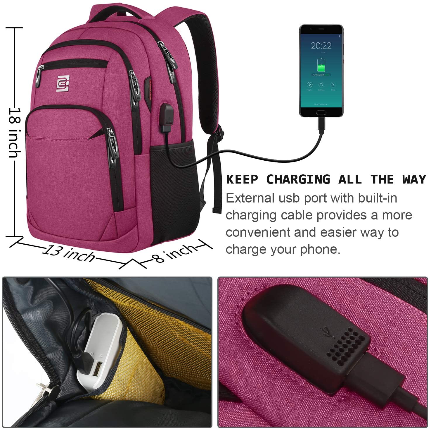 Bruno Cavalli 15.6 Zoll wasserdichter Reisecomputer Schultasche Large Business diebstahlsicherer robuster Laptop-Rucksack mit USB-Ladeanschluss für HP Chromebook 13.3 Zoll Laptop Rosenrot