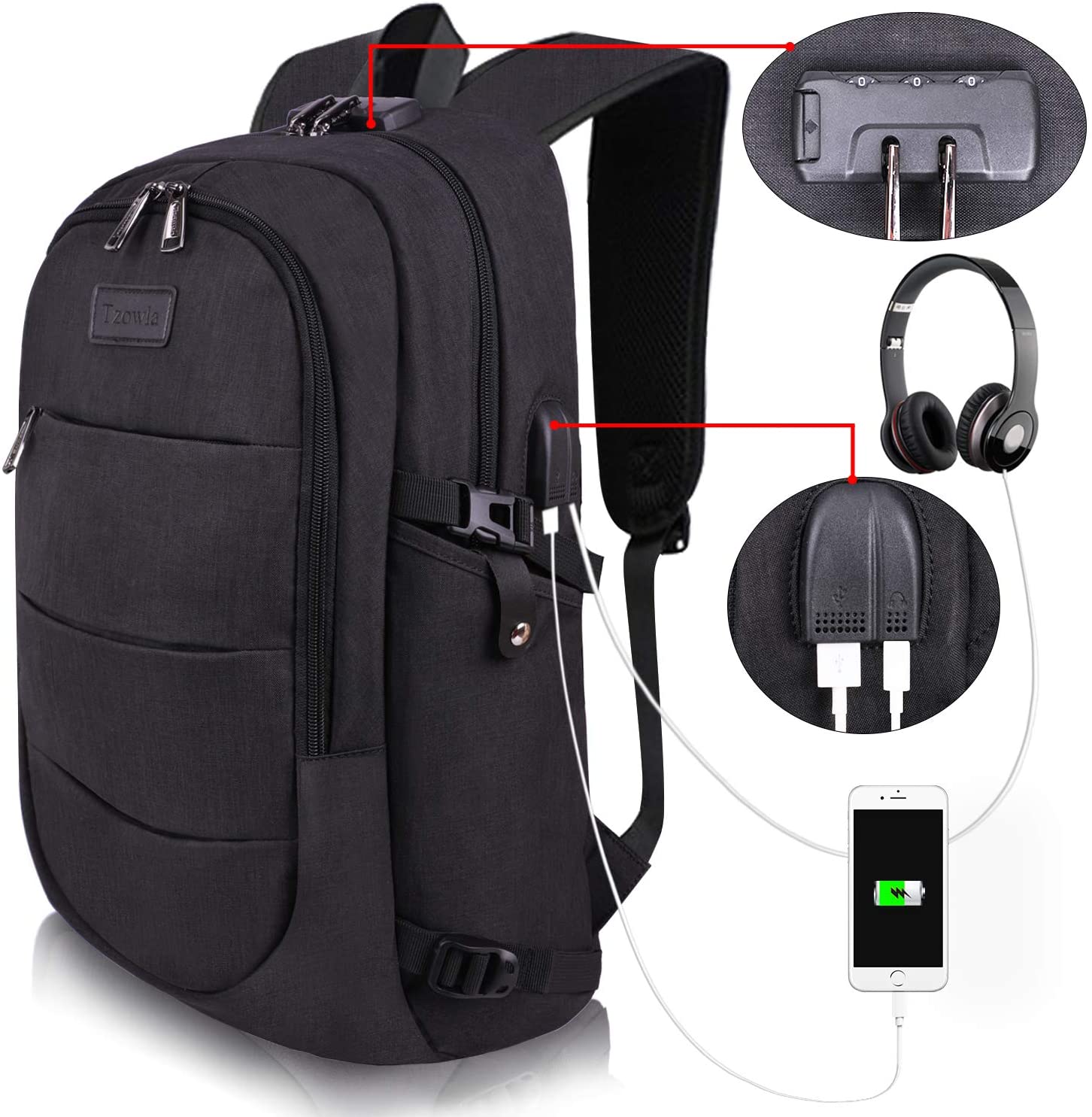 Tzowla 15,6 Zoll Business Laptop Rucksack Freizeit Wanderrucksack wasserdichter diebstahlsicherer Rucksack mit USB Ladeanschluss passend für Asus VivoBook 13,3 Zoll Laptop Schwarz