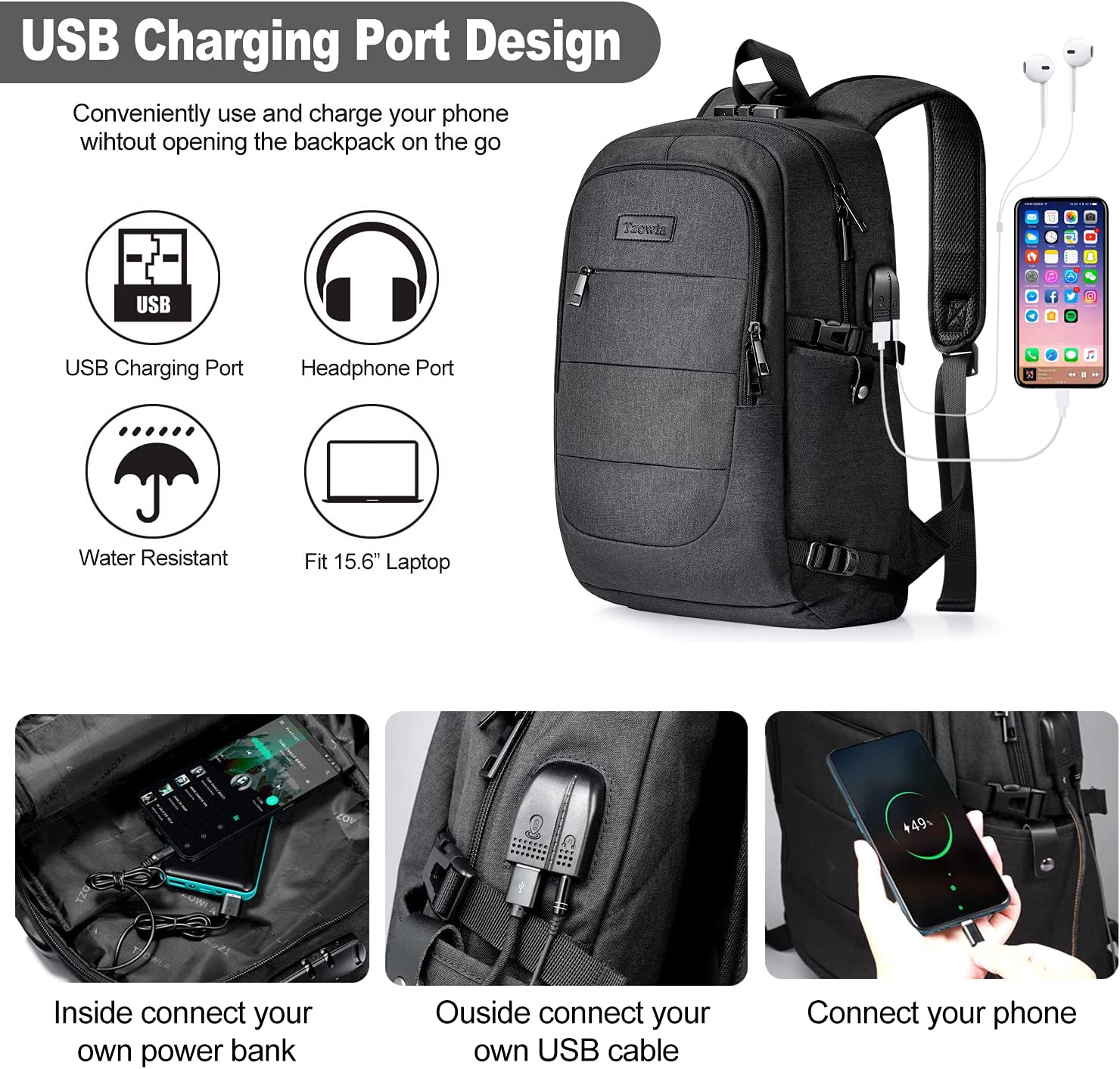 Tzowla 15,6 Zoll Business Laptop Rucksack Freizeit Wanderrucksack wasserdichter diebstahlsicherer Rucksack mit USB Ladeanschluss passend für Asus Transformer 13,3 Zoll Laptop Schwarz