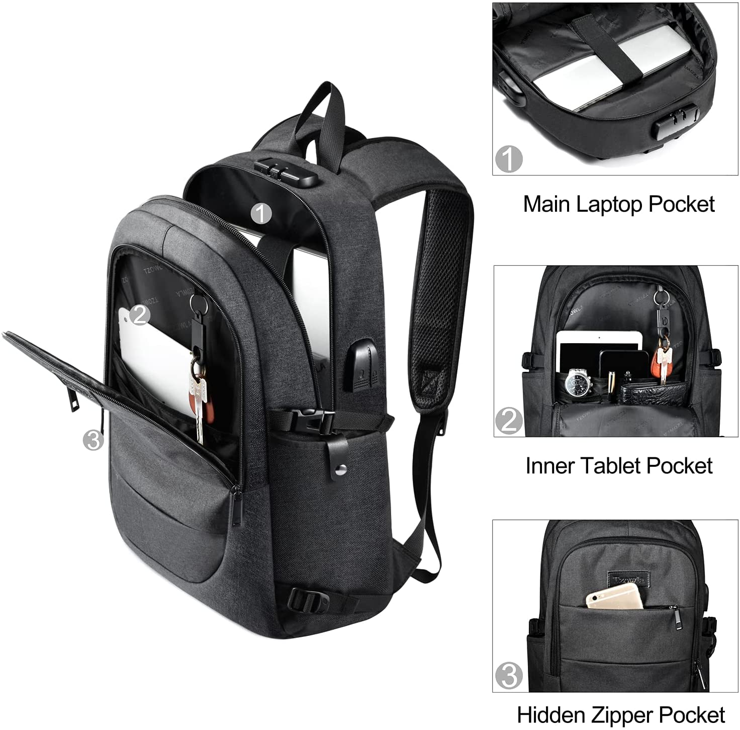 Tzowla 15,6 Zoll Business Laptop Rucksack Freizeit Wanderrucksack wasserdichter diebstahlsicherer Rucksack mit USB Ladeanschluss passend für Razer Blade Stealth 13 13,3 Zoll Laptop Schwarz