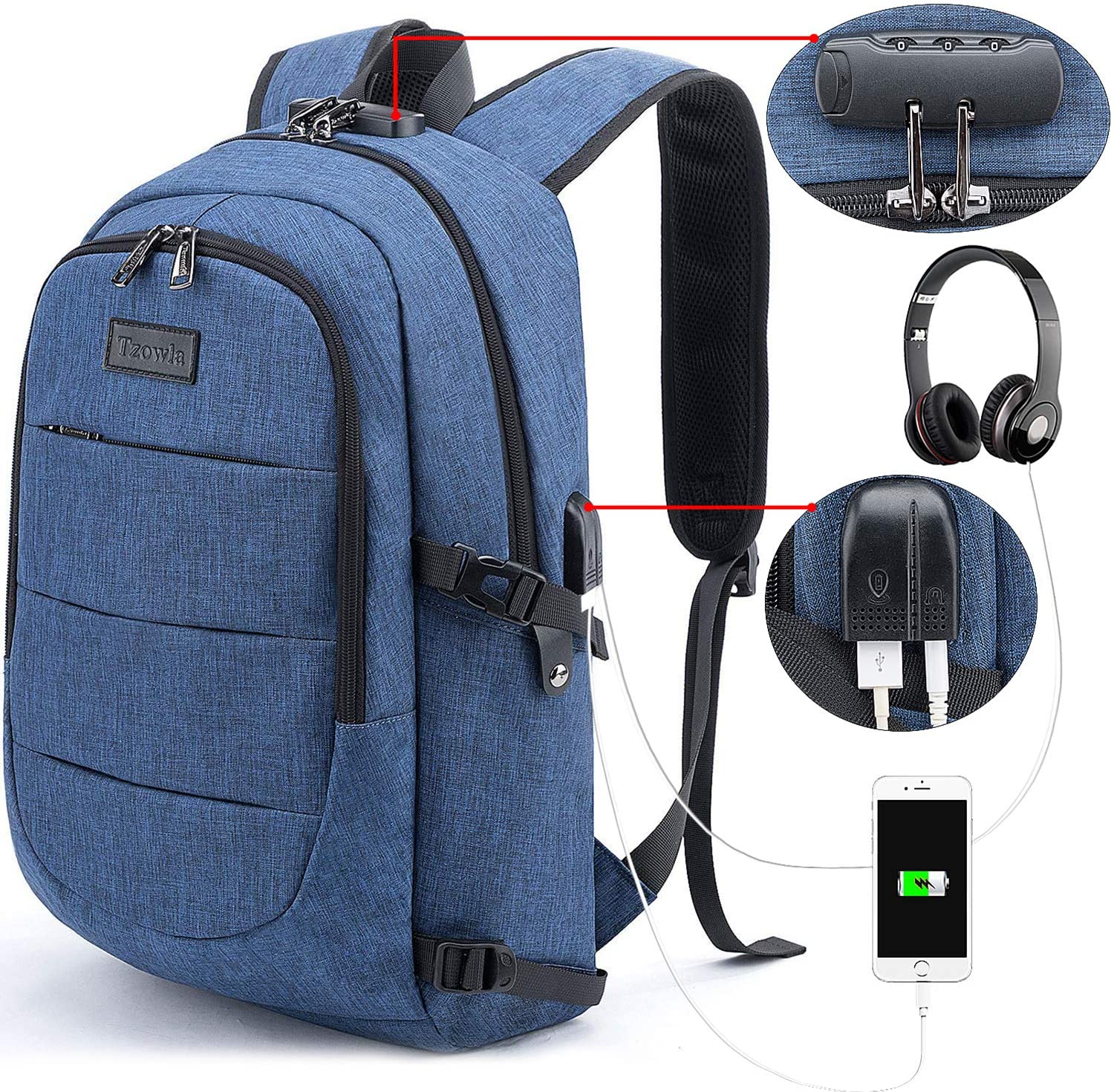 Tzowla 15,6 Zoll Business Laptop Rucksack Freizeit Wanderrucksack wasserdichter diebstahlsicherer Rucksack mit USB Ladeanschluss passend für Lenovo Yoga 12,5 Zoll Laptop Blau