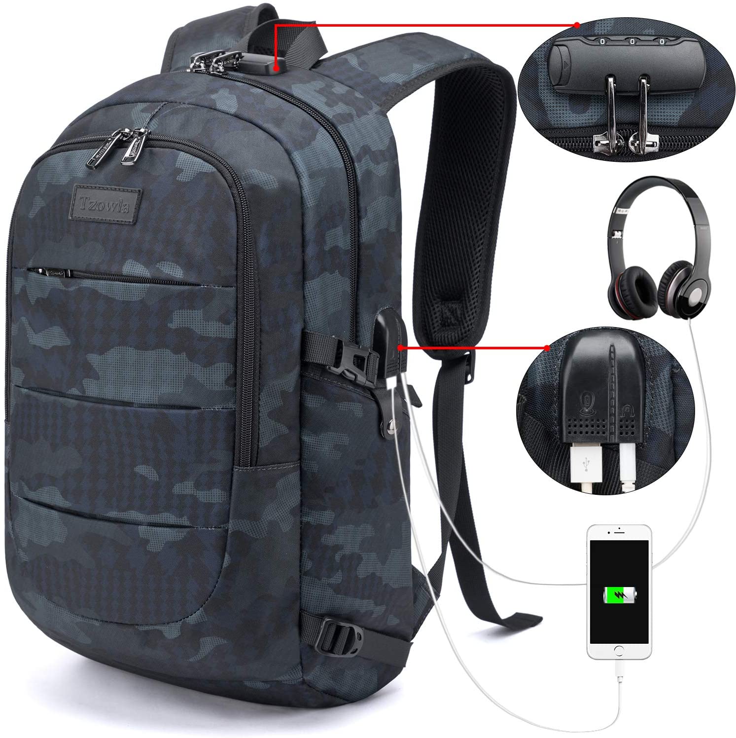 Tzowla 15,6 Zoll Business Laptop Rucksack Freizeit Wanderrucksack wasserdichter diebstahlsicherer Rucksack mit USB Ladeanschluss passend für HP Spectre 15,6 Zoll Laptop Blaucamo