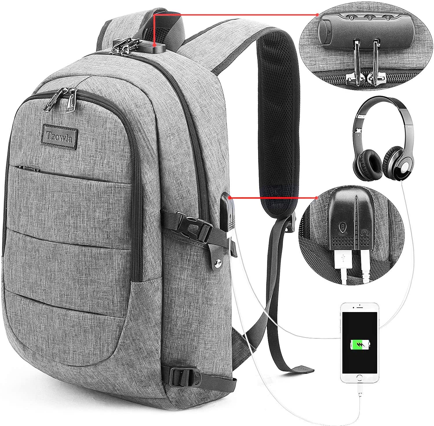 Tzowla 15,6 Zoll Business Laptop Rucksack Freizeit Wanderrucksack wasserdichter diebstahlsicherer Rucksack mit USB Ladeanschluss passend für Apple MacBook Air 13 Zoll Laptop Grau