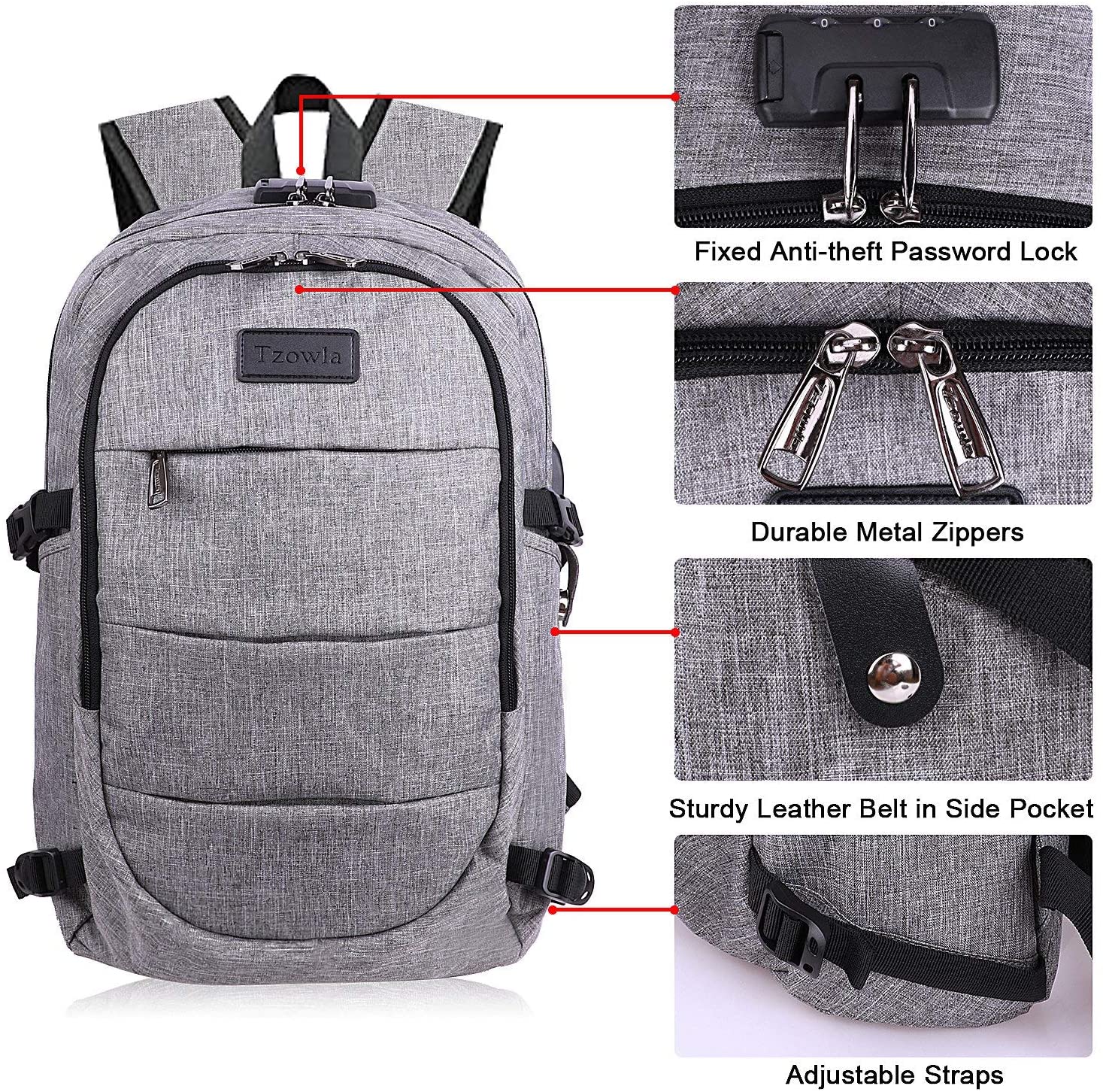 Tzowla 15,6 Zoll Business Laptop Rucksack Freizeit Wanderrucksack wasserdichter diebstahlsicherer Rucksack mit USB Ladeanschluss passend für Acer Swift 15,6 Zoll Laptop Grau