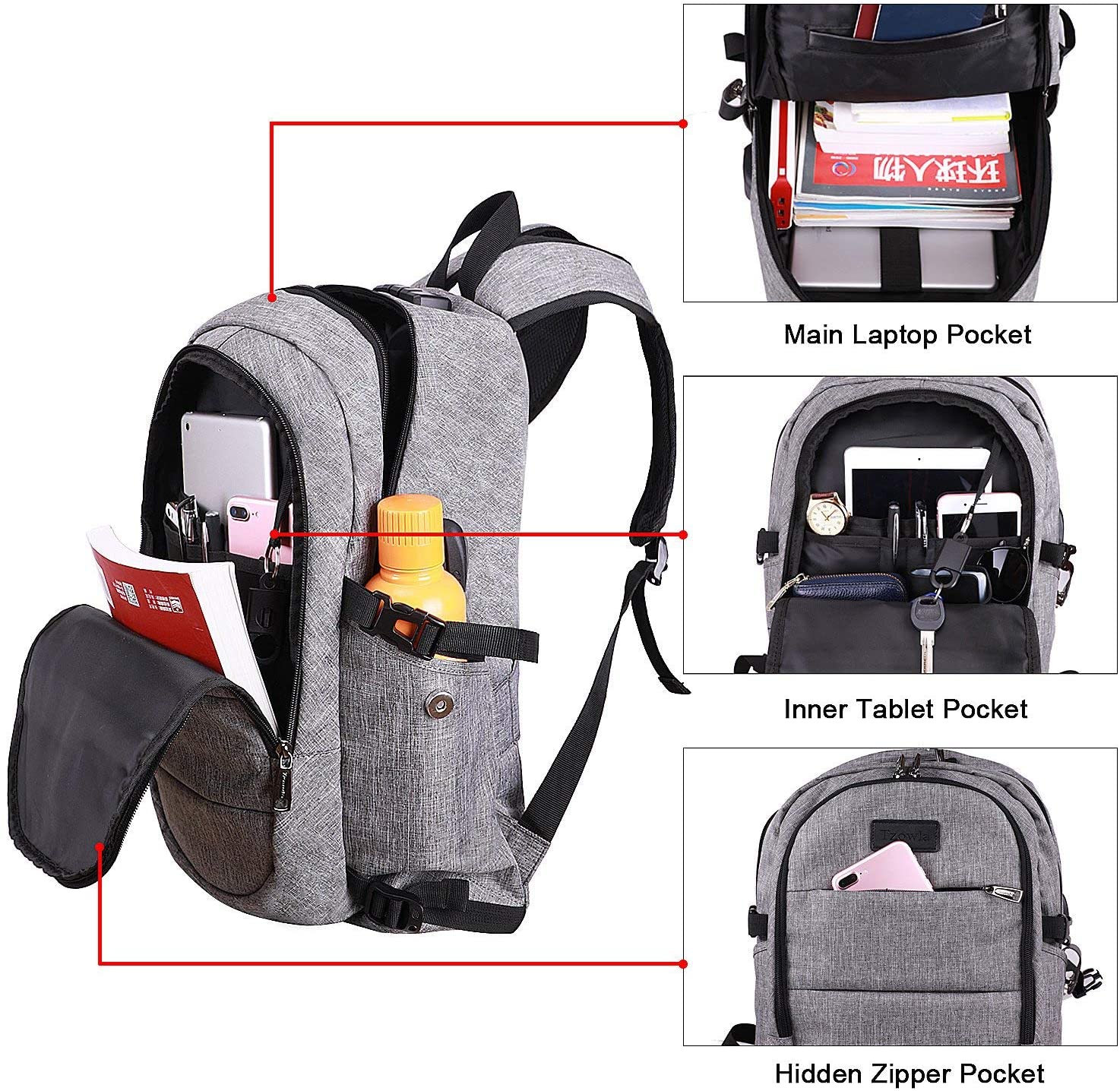 Tzowla 15,6 Zoll Business Laptop Rucksack Freizeit Wanderrucksack wasserdichter diebstahlsicherer Rucksack mit USB Ladeanschluss passend für Asus VivoBook 11,6 Zoll Laptop Grau