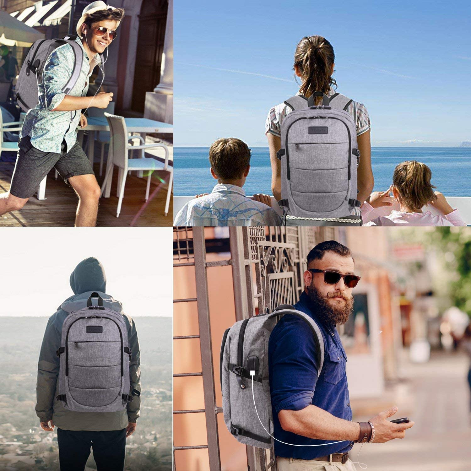 Tzowla 15,6 Zoll Business Laptop Rucksack Freizeit Wanderrucksack wasserdichter diebstahlsicherer Rucksack mit USB Ladeanschluss passend für Razer Blade 14 14 Zoll Laptop Grau