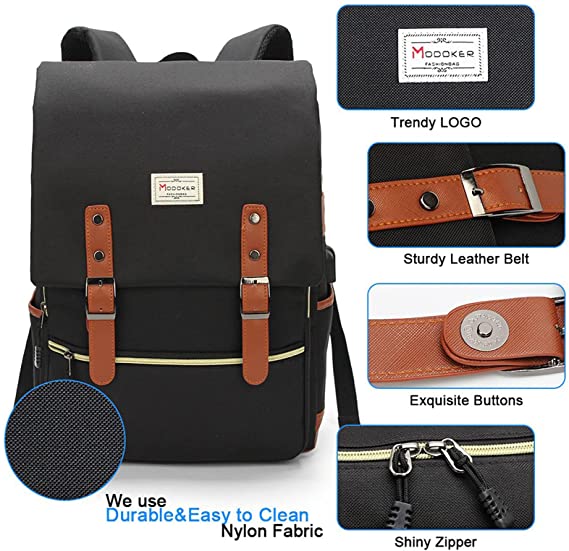 Modoker 15,6-Zoll-Retro-Laptop-Rucksack Reiserucksack wasserdichter und diebstahlsicherer Rucksack mit USB-Ladeanschluss geeignet für MSI WS Series 15,6 Zoll Laptop Schwarz