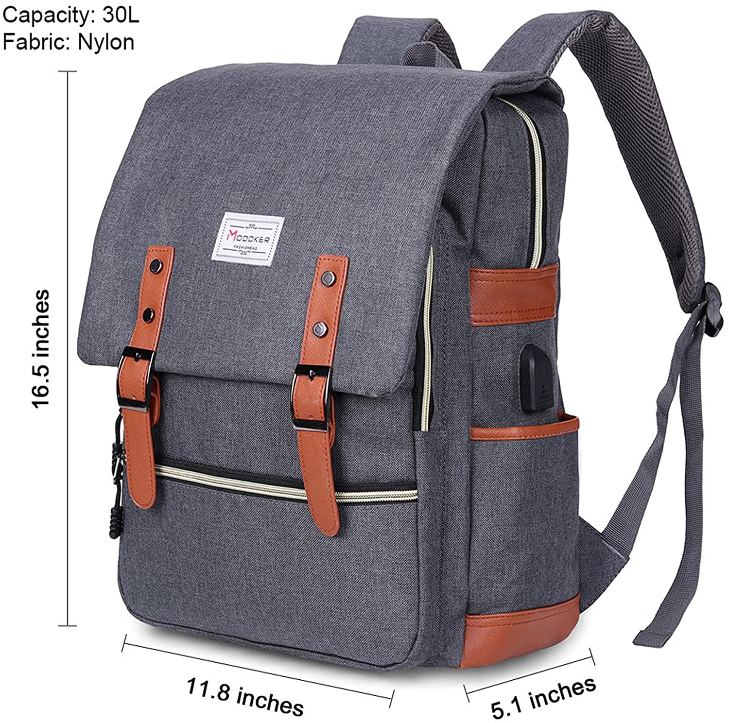 Modoker 15,6-Zoll-Retro-Laptop-Rucksack Reiserucksack wasserdichter und diebstahlsicherer Rucksack mit USB-Ladeanschluss geeignet für Asus ZenBook 15,6 Zoll Laptop Grau