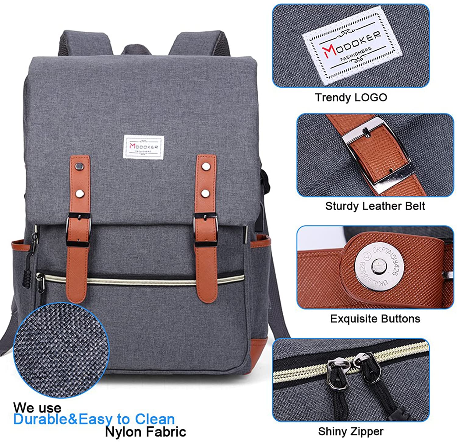 Modoker 15,6-Zoll-Retro-Laptop-Rucksack Reiserucksack wasserdichter und diebstahlsicherer Rucksack mit USB-Ladeanschluss geeignet für HP Chromebook 11,6 Zoll Laptop Grau