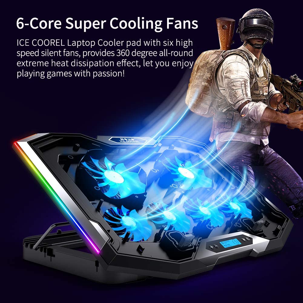 ICE COOREL Gaming Laptop Cooling Pad Laptop Lüfter Radiator Basishalterung mit 6 höhenverstellbaren + 2 USB Anschlüssen + 1 Handyhalterung passend für Laptop Asus TUF Gaming 17,3 Zoll Schwarz