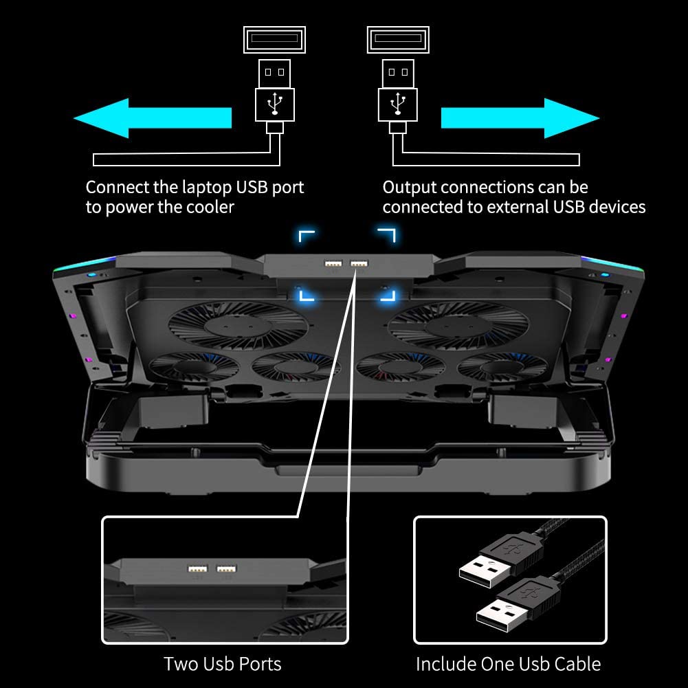 ICE COOREL Gaming Laptop Cooling Pad Laptop Lüfter Radiator Basishalterung mit 6 höhenverstellbaren + 2 USB Anschlüssen + 1 Handyhalterung passend für Laptop Asus VivoBook 15,6 Zoll Schwarz