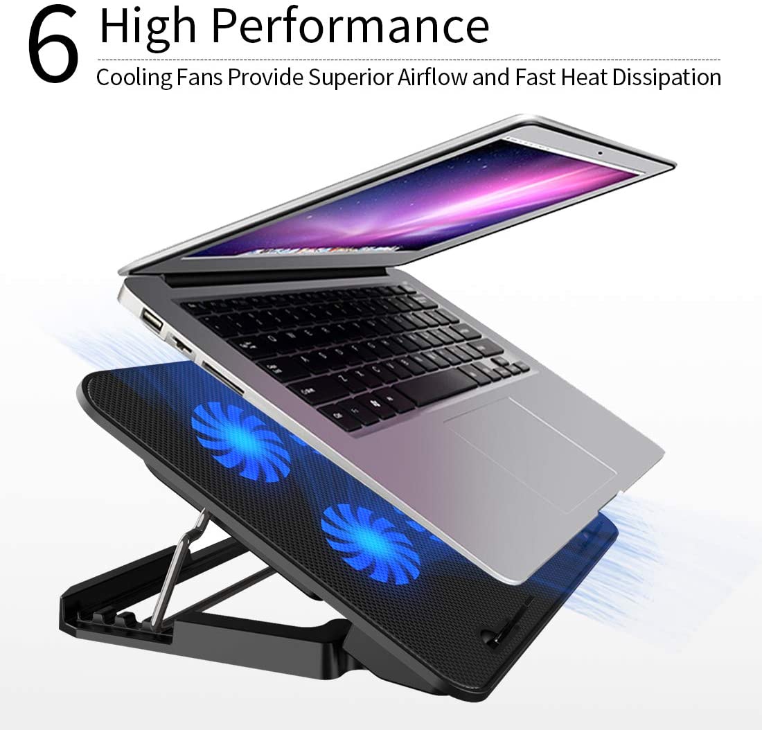 ICE COOREL Gaming Laptop Cooling Pad Laptop Silent Fan Radiator Base Bracket, mit 6 höhenverstellbaren + 2 USB Anschlüssen + 1 Handyhalterung passend für Laptop MSI WP Series 15,6 Zoll Blau und Schwarz