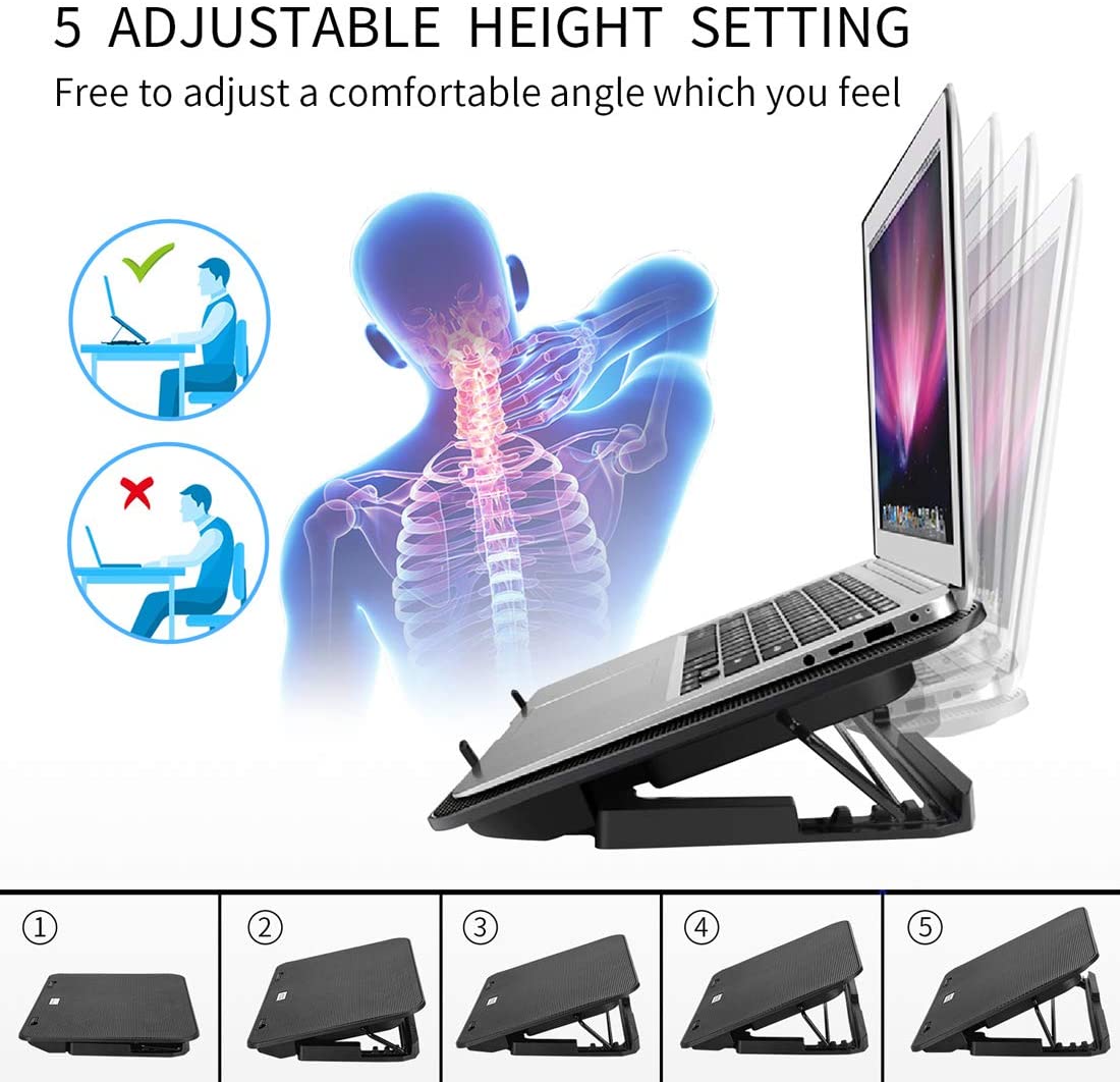 ICE COOREL Gaming Laptop Cooling Pad Laptop Silent Fan Radiator Base Bracket, mit 6 höhenverstellbaren + 2 USB Anschlüssen + 1 Handyhalterung passend für Laptop Apple MacBook Air 13,3 Zoll Blau und Schwarz