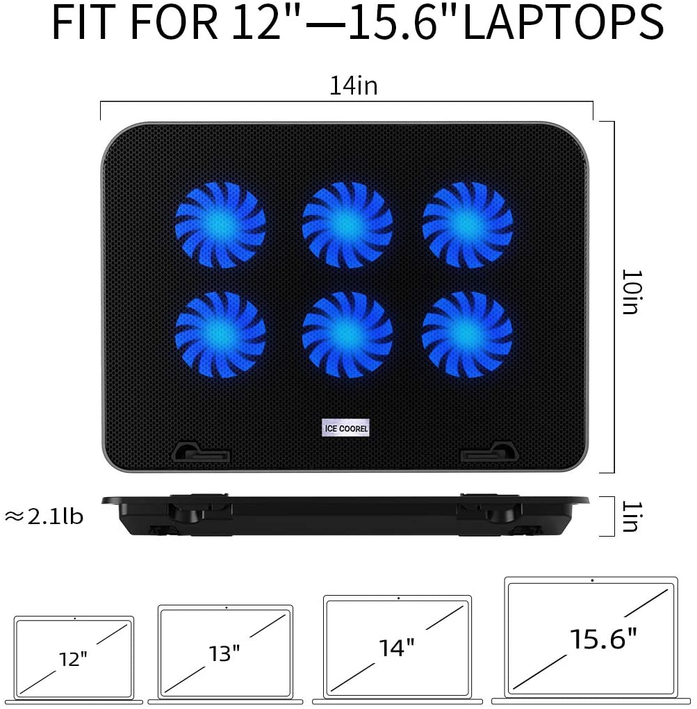 ICE COOREL Gaming Laptop Cooling Pad Laptop Silent Fan Radiator Base Bracket, mit 6 höhenverstellbaren + 2 USB Anschlüssen + 1 Handyhalterung passend für Laptop MSI WP Series 15,6 Zoll Blau und Schwarz