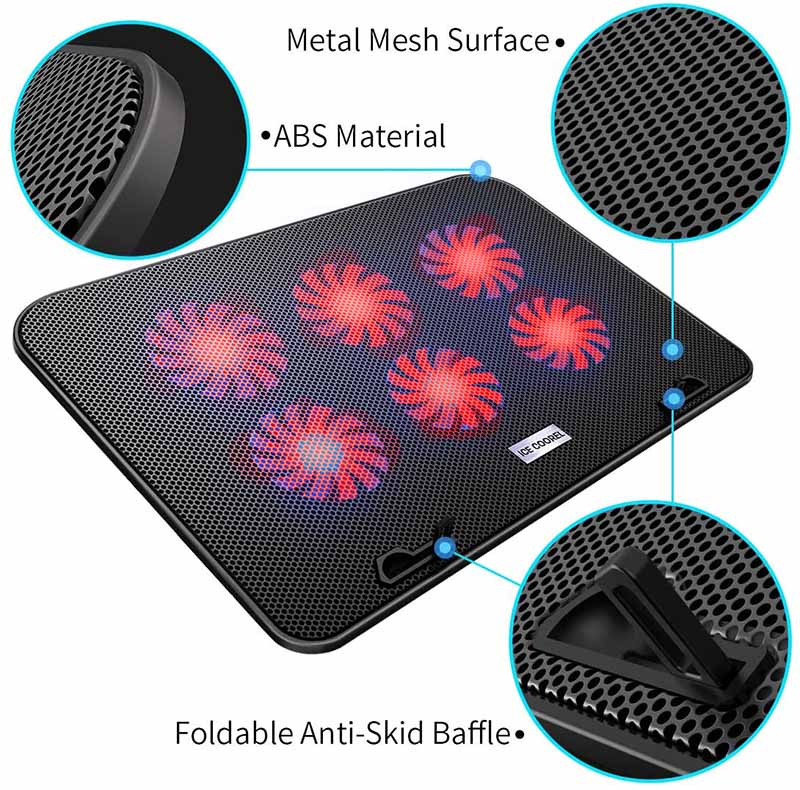 ICE COOREL Gaming Laptop Cooling Pad Laptop Silent Fan Radiator Base Bracket, mit 6 höhenverstellbaren + 2 USB Anschlüssen + 1 Handyhalterung passend für Laptop Asus VivoBook 14,0 Zoll Rot und Schwarz