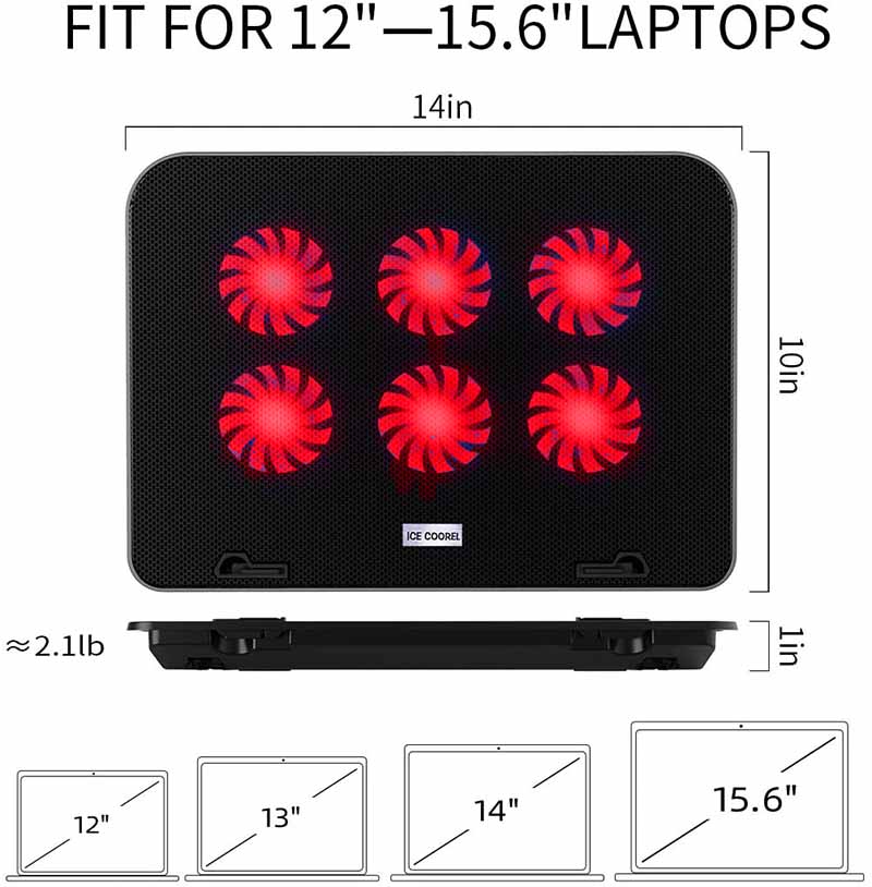 ICE COOREL Gaming Laptop Cooling Pad Laptop Silent Fan Radiator Base Bracket, mit 6 höhenverstellbaren + 2 USB Anschlüssen + 1 Handyhalterung passend für Laptop Acer ConceptD 15,6 Zoll Rot und Schwarz