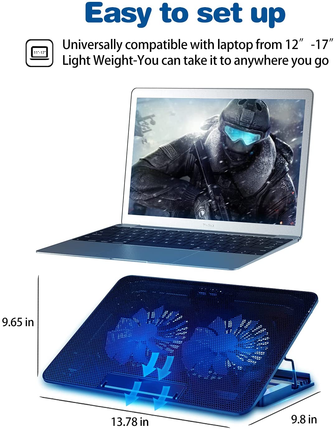 Notebook-Lüfterhalterung mit 6 höhenverstellbaren + 2 leisen Turbolüftern + 2 USB-Anschlüssen passend für Laptop Samsung Galaxy Tab 9,7 Zoll Serie Blau