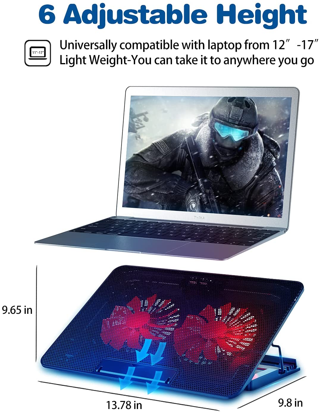 Notebook-Lüfterhalterung mit 6 höhenverstellbaren + 2 leisen Turbolüftern + 2 USB-Anschlüssen passend für Laptop MSI Katana /Sword GF Series 17,3 Zoll Rot